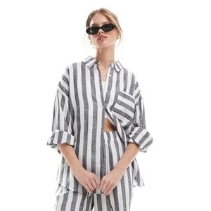 4th & Reckless linen blend oversized beach shirt in gray & white stripe - NWT